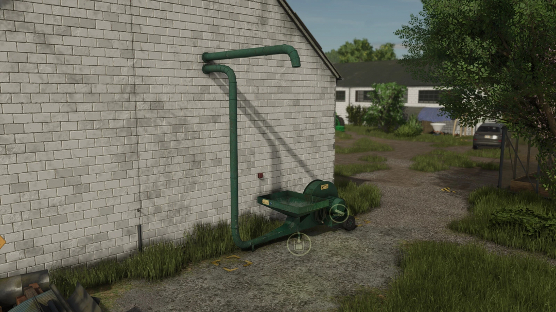 FS25 mod image showing a Pneumatic Conveyor For Grain-Silos installed on a brick wall.