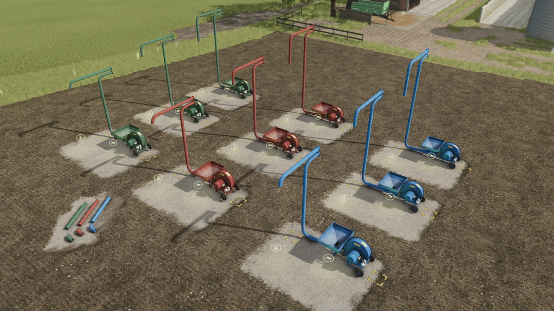 FS25 mod image of colorful pneumatic conveyors for grain silos on field.