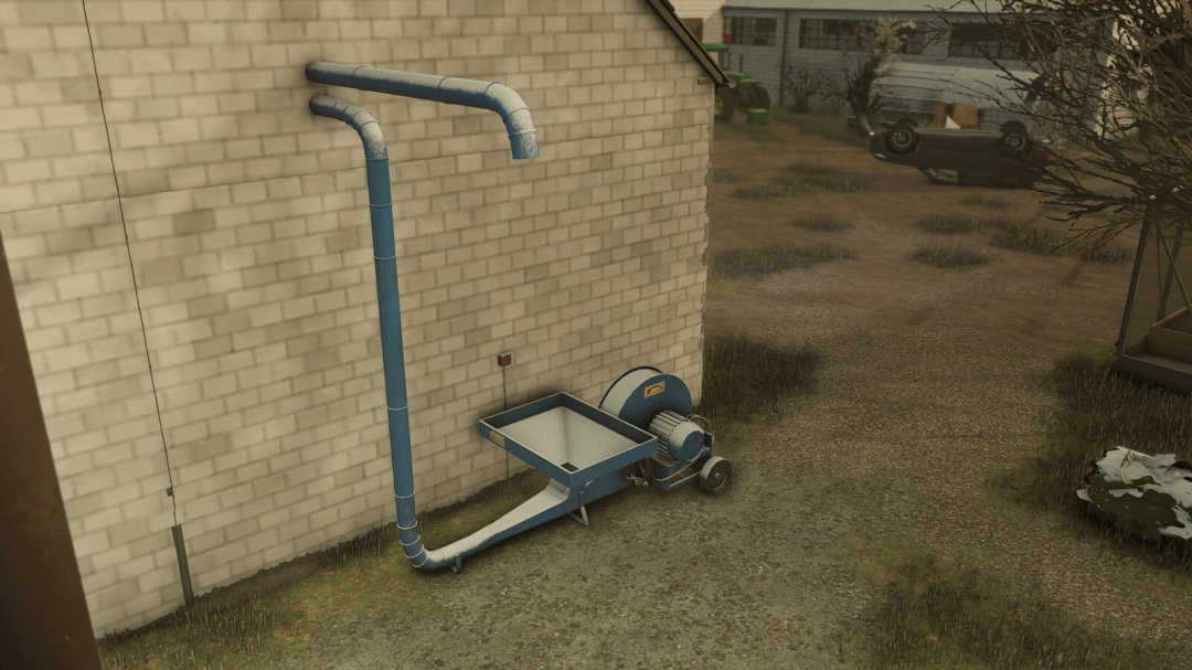 Pneumatic Conveyor Mod for FS25 grain silos, realistic setup against a brick wall.