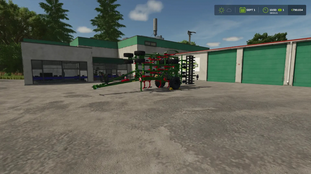 Poettinger Terria 6040 mod in FS25, displayed outside a green-roofed building.