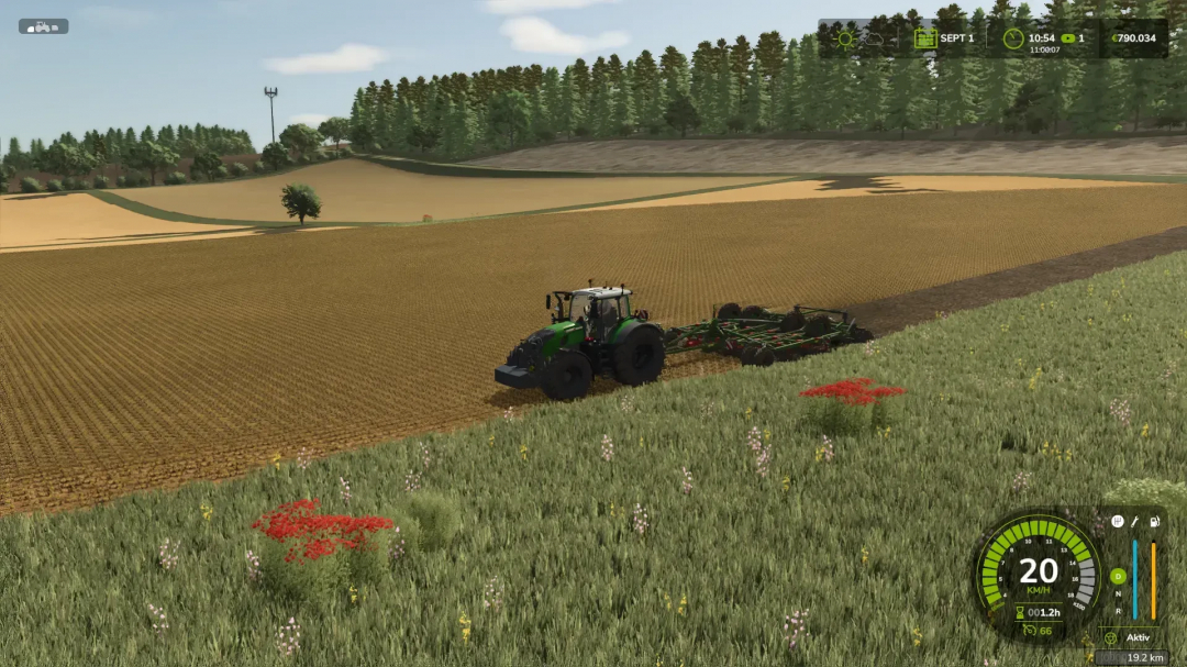 FS25 mod Poettinger Terria 6040 cultivating field with tractor in Farming Simulator 25.