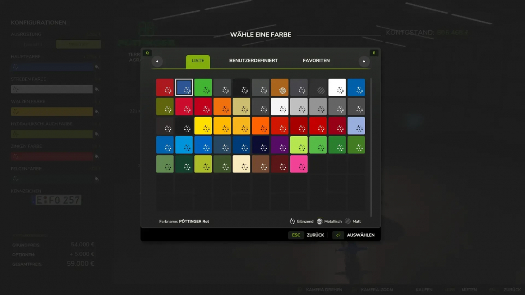FS25 mod Poettinger Terria 6040 color selection menu, showcasing various paint options.