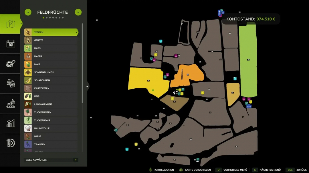 Map layout from FS25 mod Ralles Map v1.2.6.2, showing different fields with crop selection like wheat and rapeseed.