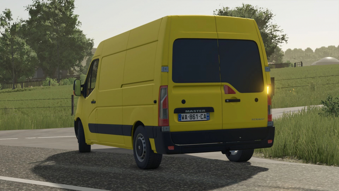 Yellow Renault Master III van mod in FS25 countryside