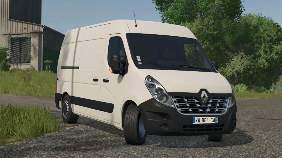 Renault Master III mod in FS25, showcasing a white van on a farm road.