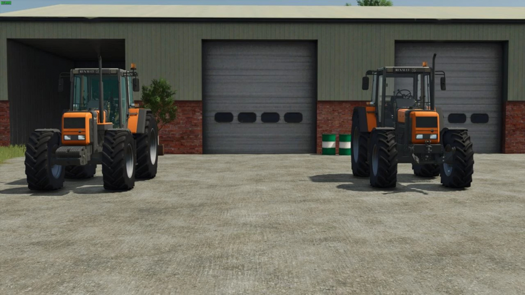 Two Renault TZ tractors parked outside a barn in FS25 mods, Farming Simulator 25 mods.