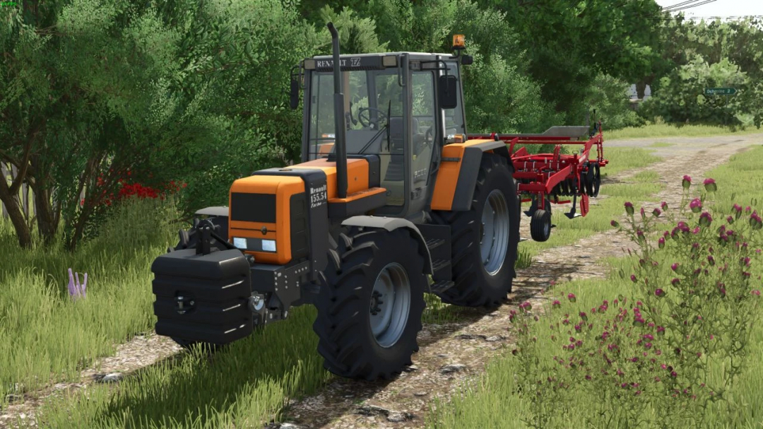 Renault TZ tractor mod in FS25, shown on a dirt path surrounded by greenery.