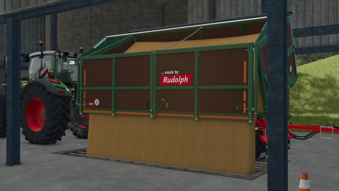 FS25 mod Rudolf/Welger DK 280 RP trailer filled with grain, attached to a tractor in a barn.