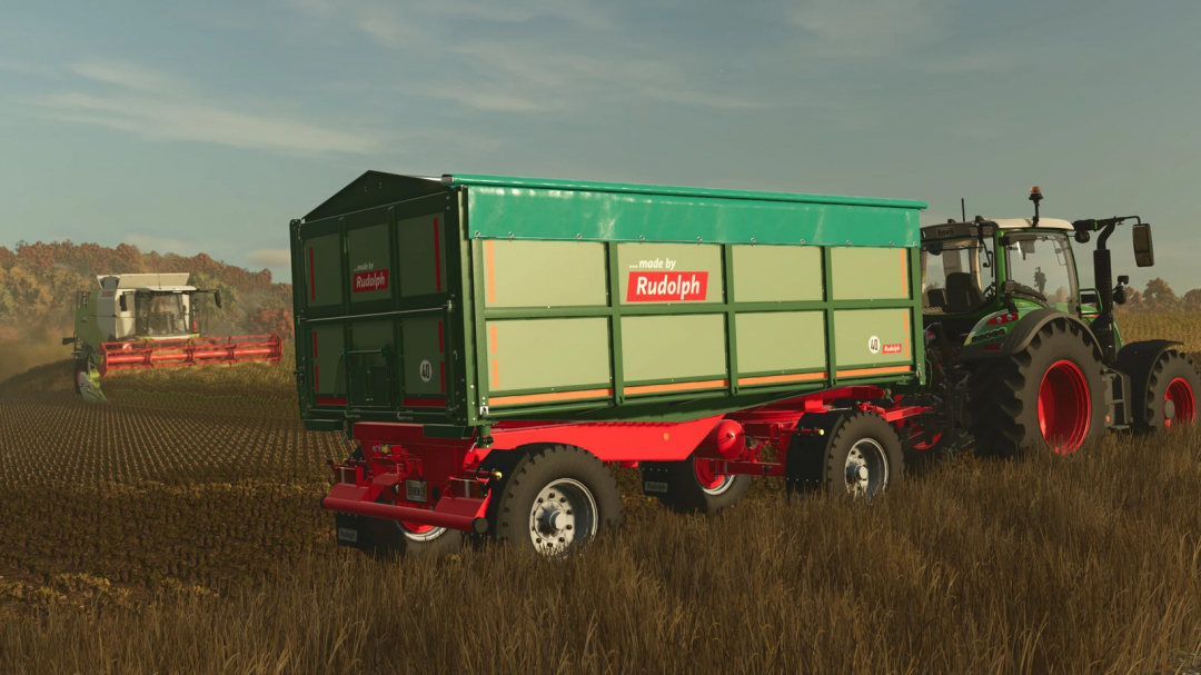 FS25 mod Rudolph/Welger DK 280 RP v1.0.0.0 trailer with tractor in a field.