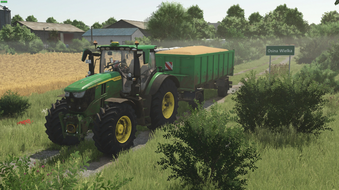 FS25 mod Selfmade Trailer 18t v1.0.0.0 with tractor in a field, Farming Simulator 25.