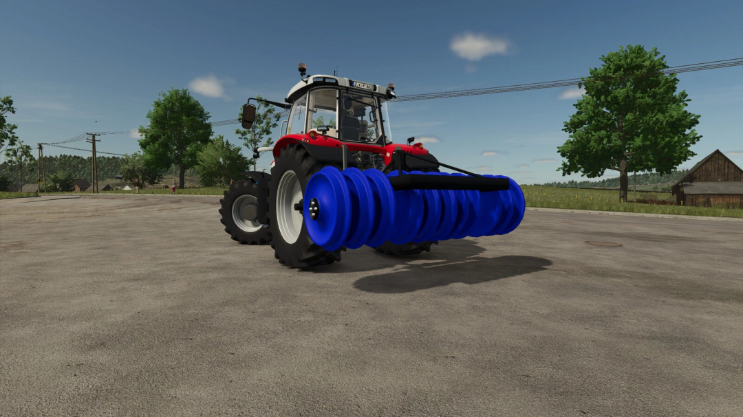 FS25 mod Silopress 33 v1.0.0.0 on a tractor, featuring blue rollers, in a rural landscape setting.