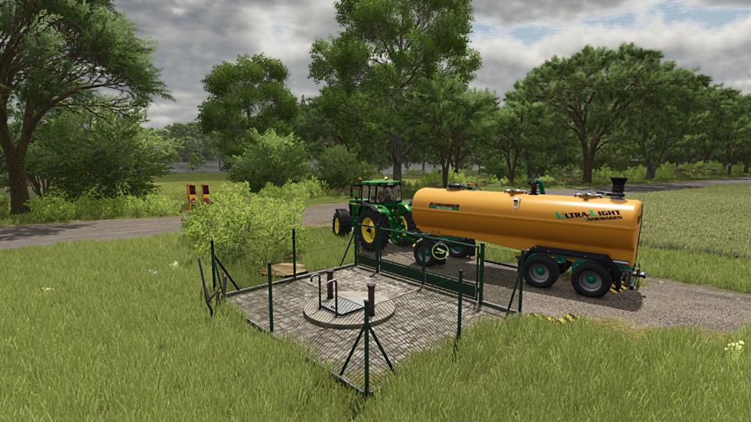 FS25 Slurry Selling Station mod with tanker trailer in a green field.