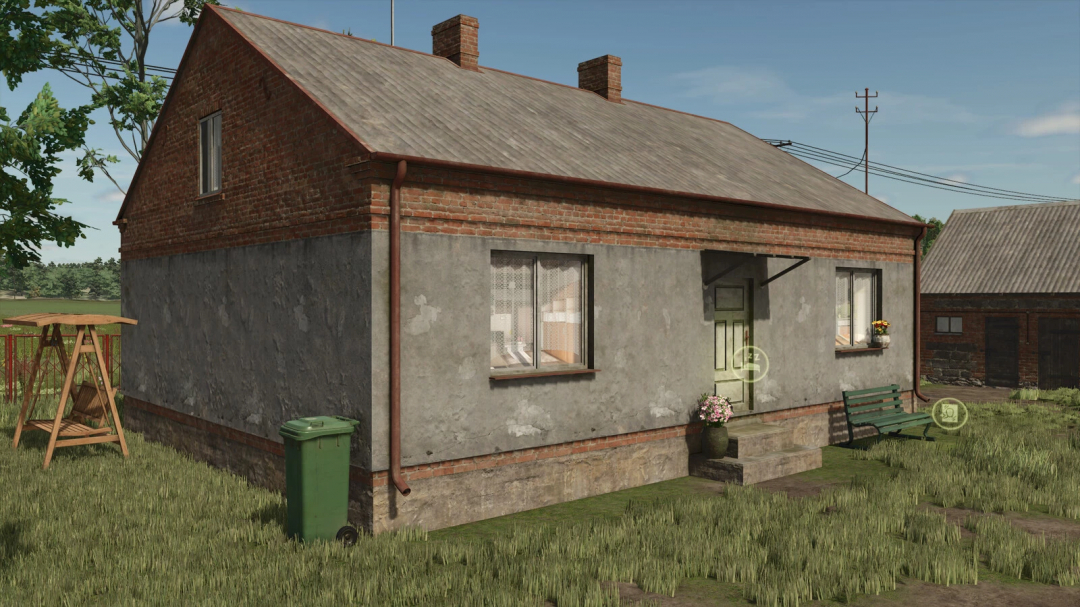 Small brick building mod in Farming Simulator 25 with swing and trash bin, showcasing FS25 mods.