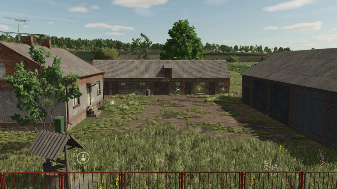 Image of Small Buildings Package mod for FS25, showcasing rustic farm structures and greenery.