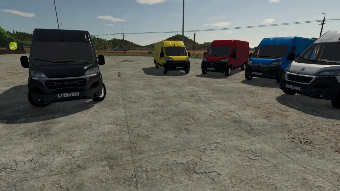 FS25 Stellantis Pack Van 2023 mod showcasing five vans in different colors parked on concrete.