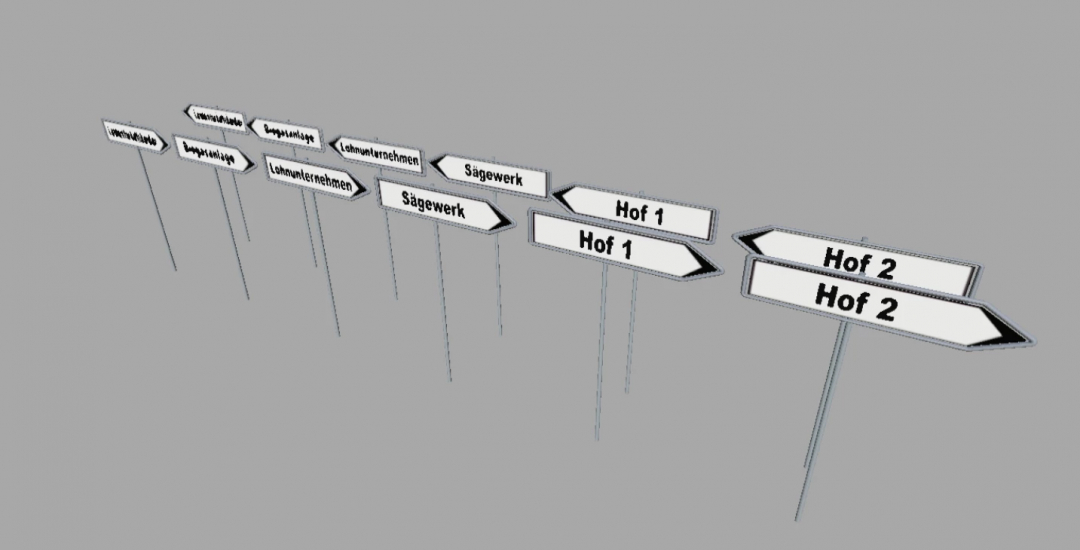 Street signs prefab mod for Farming Simulator 25 featuring directional signs for various locations.