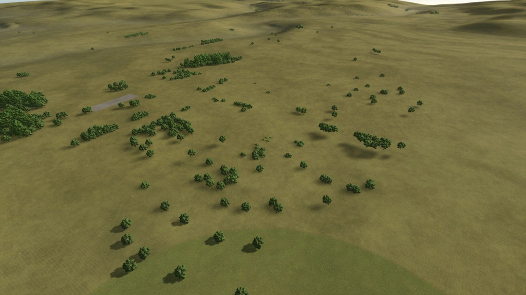 Aerial view of Terres Perdues landscape mod in FS25, featuring a vast open field with scattered trees.