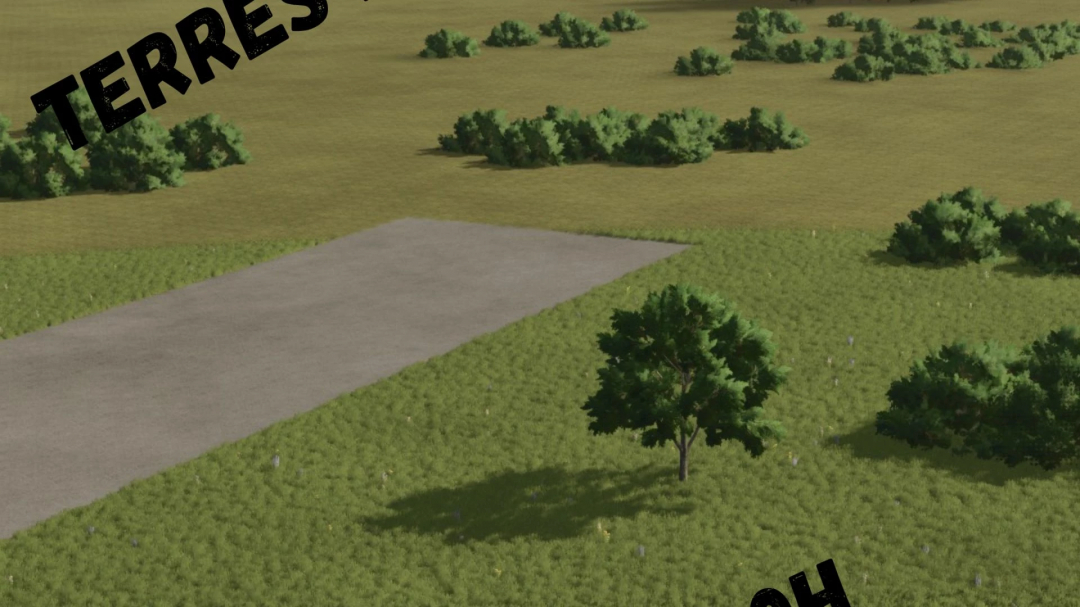 FS25 Terres Perdues mod v1.0.0.0 showing grassy field with scattered trees and bushes.