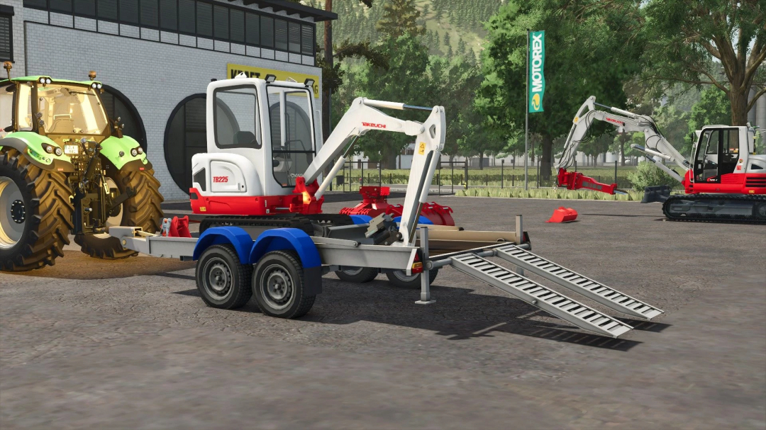 FS25 mod featuring Trailer 2 axles Hubière v1.0.0.0 with backhoe, parked near tractor and excavator in Farming Simulator 25.