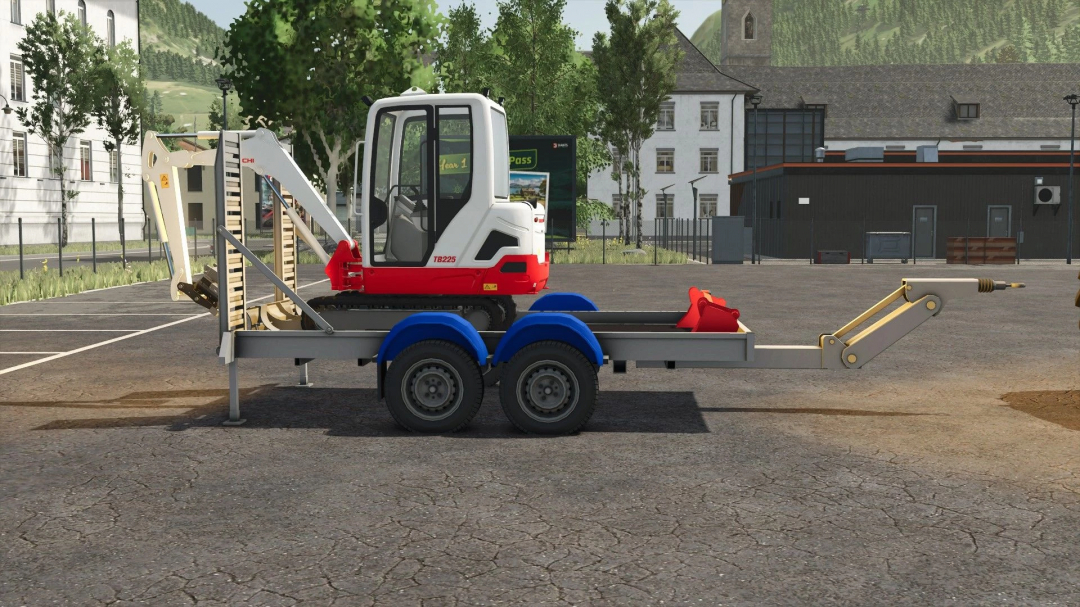 A two-axle trailer mod in Farming Simulator 25, featuring a compact excavator loaded on it. FS25 mods enhance gameplay.