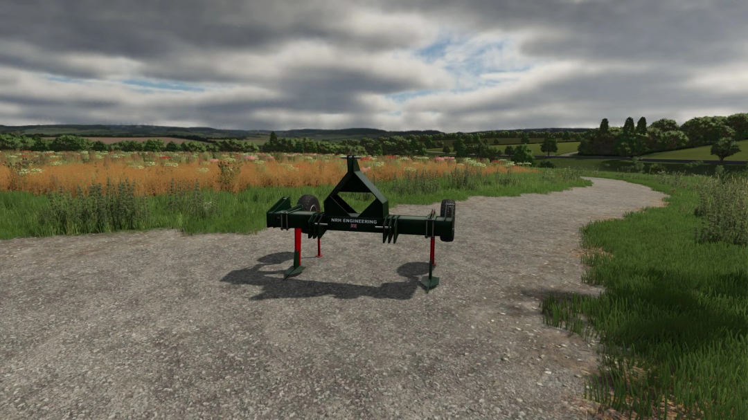 Tramline Buster v1.0.0.0 mod in Farming Simulator 25, placed on a road with a field and cloudy sky in the background.