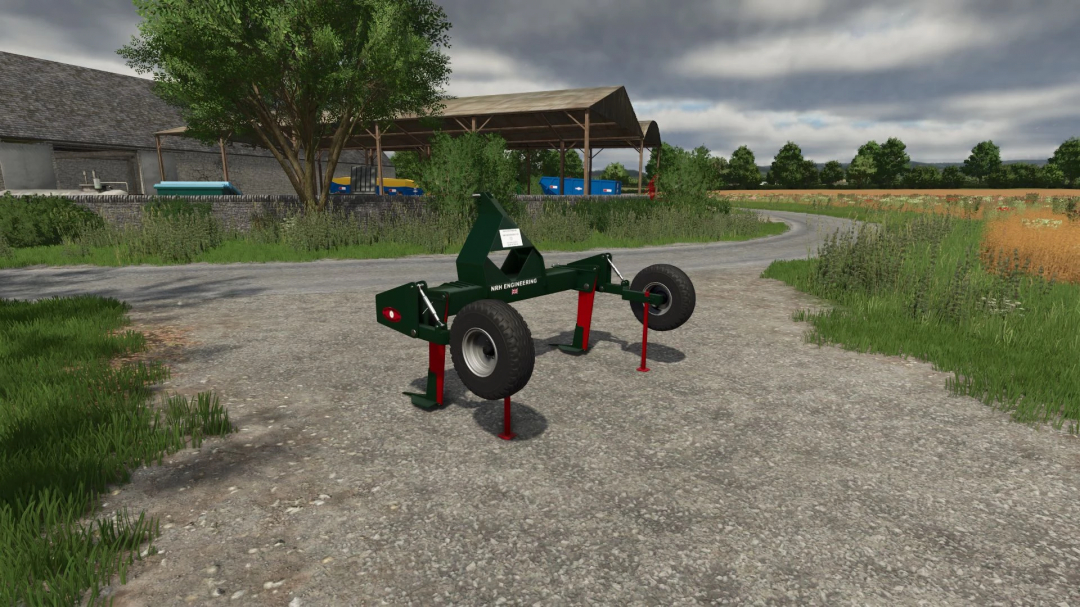 Tramline Buster mod for Farming Simulator 25, displayed on a farm path with trees and fields in the background.