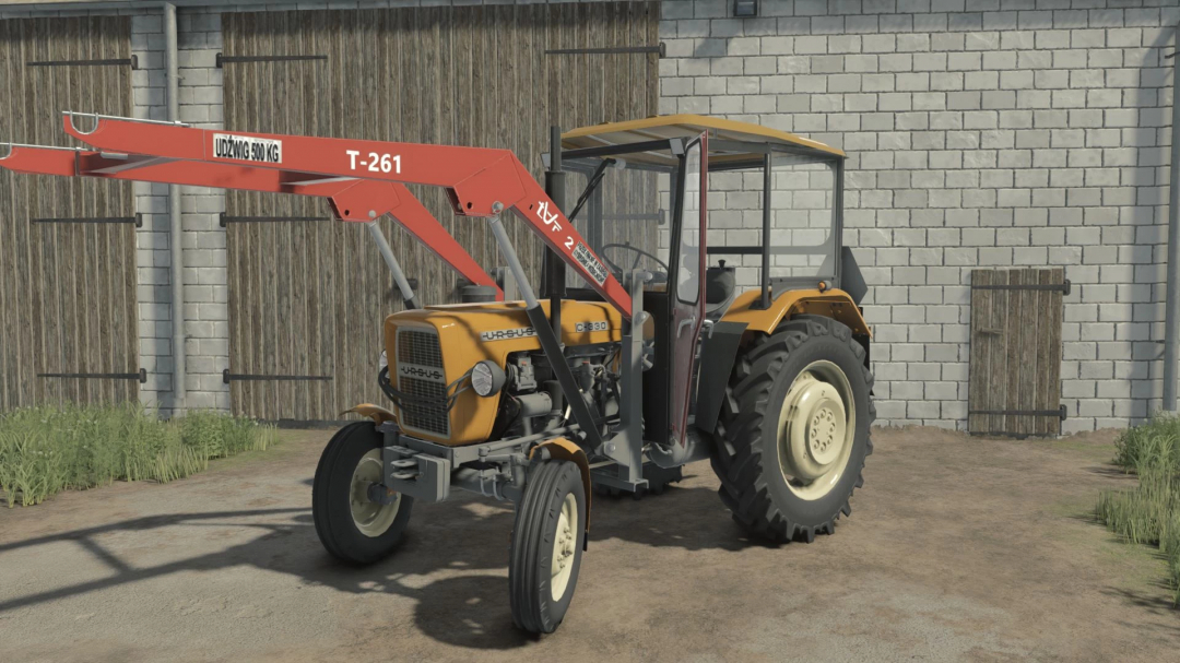 FS25 mod Ursus C-330/330M tractor with front loader parked by barn.