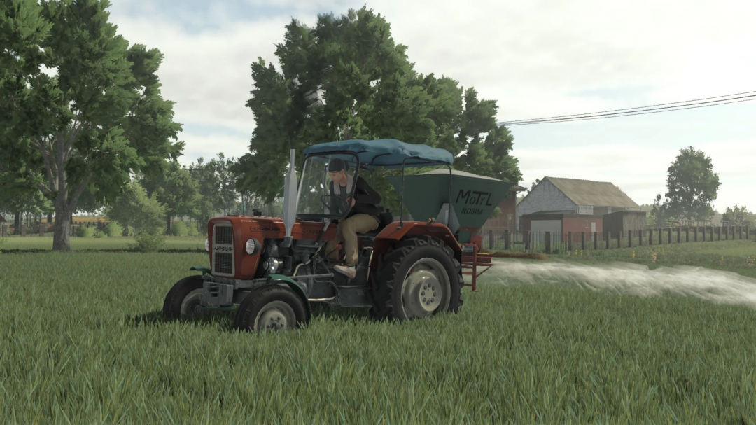 Ursus C-330/330M tractor mod in FS25, spreading fertilizer on a field.