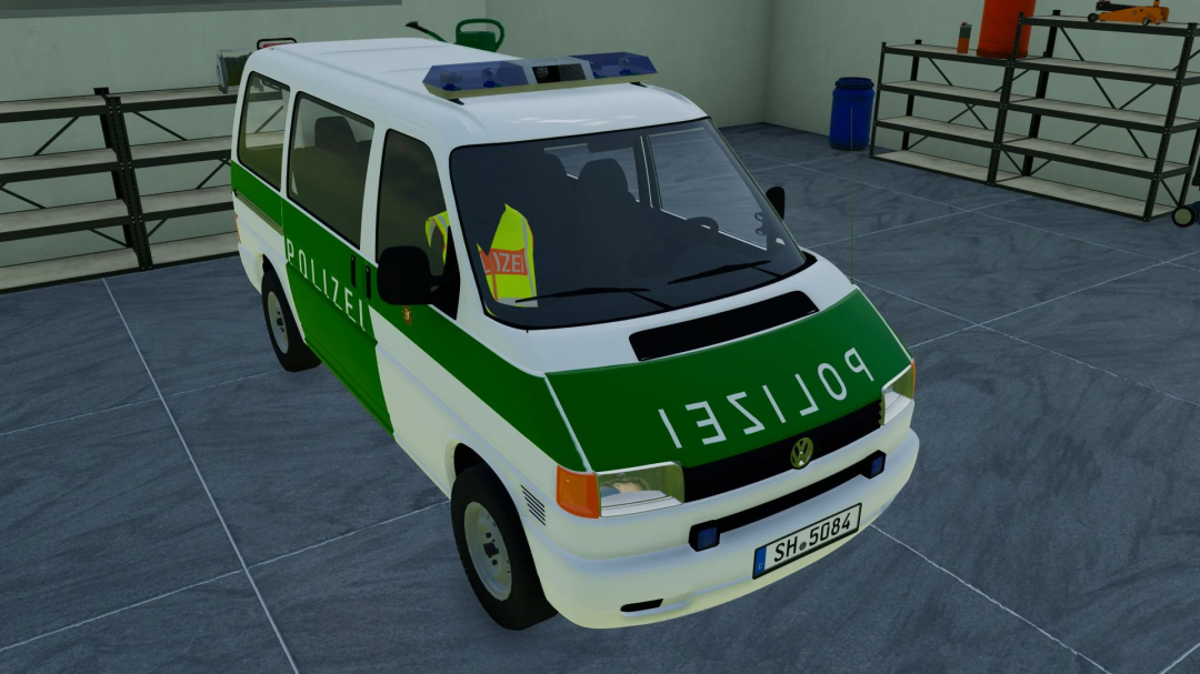 VW T4 Polizei SH Livery in FS22 mod, showcasing a green and white police van in a garage.