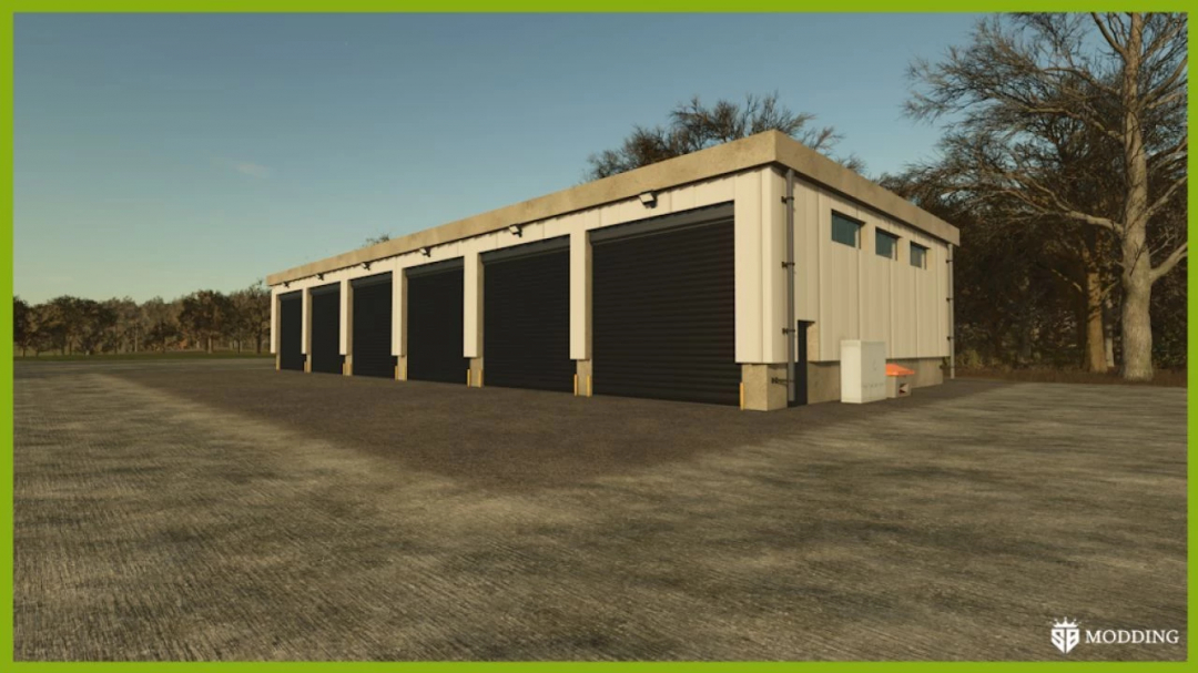 Vehicle Shelter mod in FS25 with multiple garage doors, surrounded by trees.