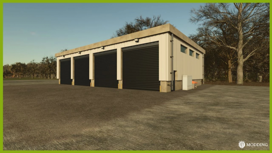 FS25 mod Vehicle Shelter v1.0.0.1, a large garage with four doors for Farming Simulator 25, set in a rural environment.