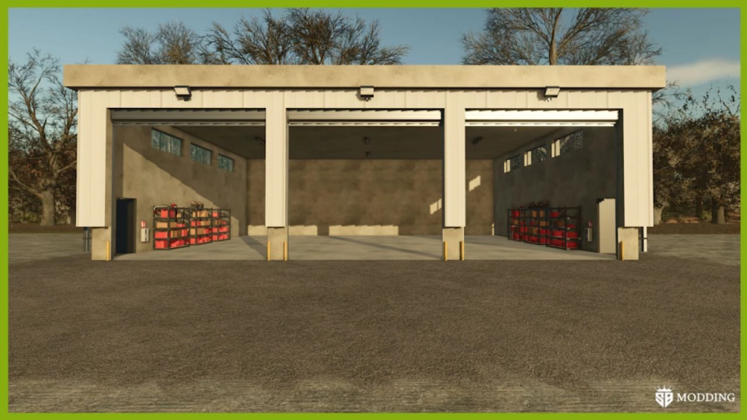 FS25 Vehicle Shelter mod v1.0.0.1 with open bays, featuring storage shelves inside. Ideal for Farming Simulator 25 players.