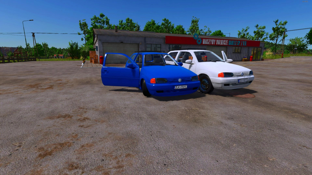 FS25 mod Volkswagen Gol G2 parked, one blue and one white, in Farming Simulator 25 setting.