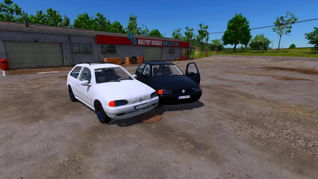 FS25 mods, Volkswagen Gol G2 cars, one white and one black, parked on a farm lot in Farming Simulator 25.