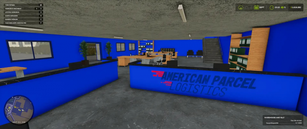 FS25 mod Warehouse with Silo and Gas Station interior, featuring blue walls, reception desk, and office furniture.