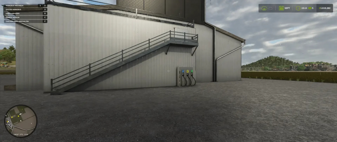 FS25 Warehouse with Silo and Gas Station mod showcasing a building with an exterior staircase.