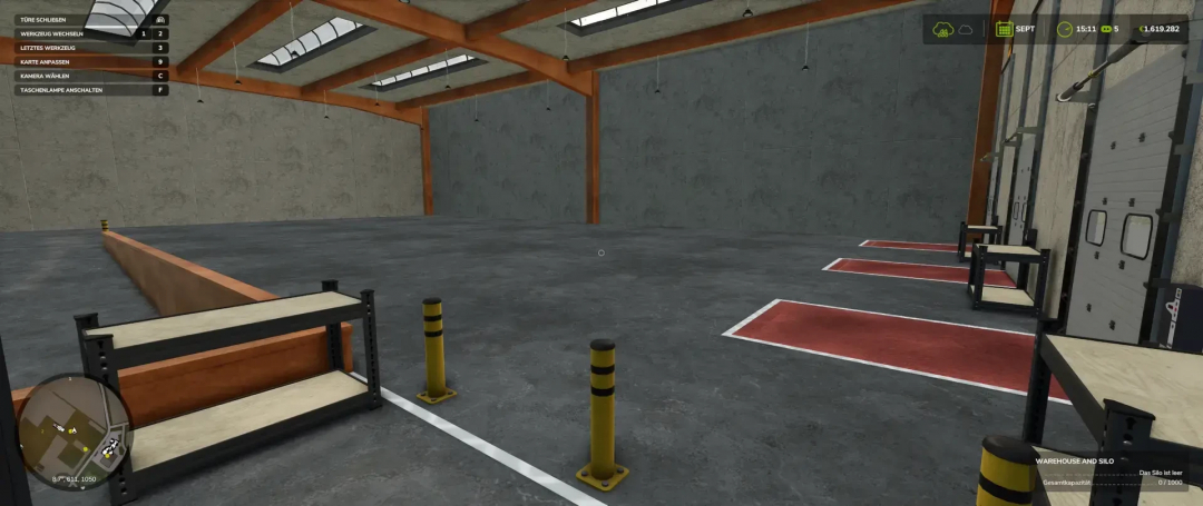 Interior of a warehouse with silo and gas station mod for FS25, featuring parked storage units and loading bays.