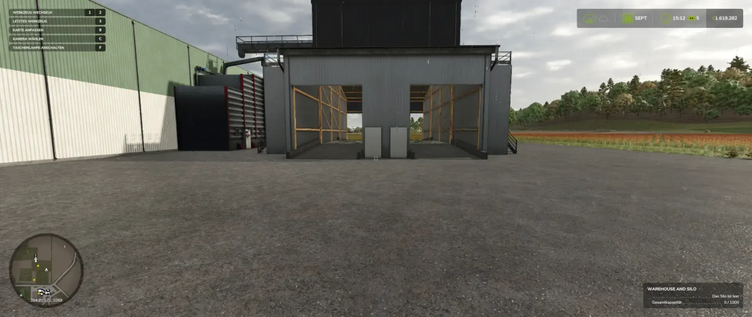 Farming Simulator 25 mod showing a warehouse with silo and gas station.