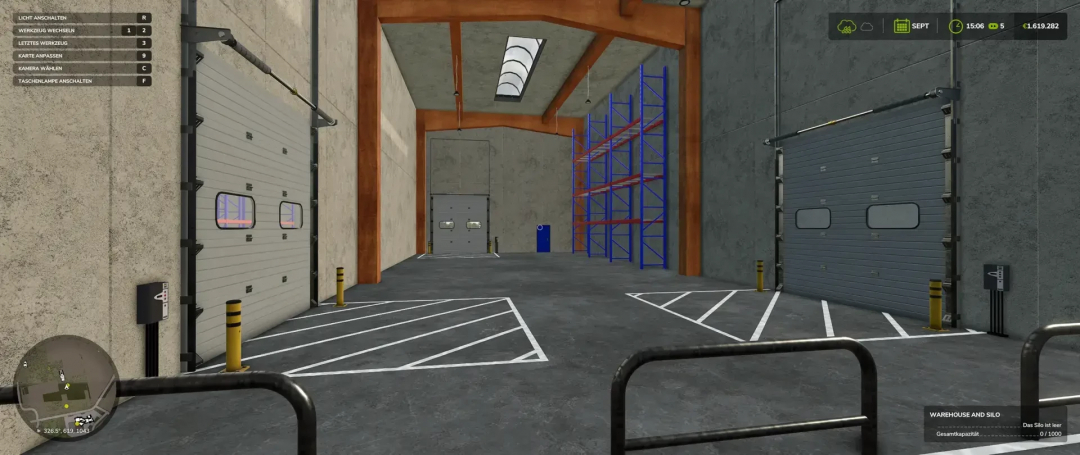 Interior of a warehouse with silos and gas station in FS25 mod, featuring storage racks and large doors. Farming Simulator 25 mods.