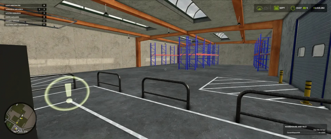 Interior of a warehouse with shelves and parking lines in FS25 mods.