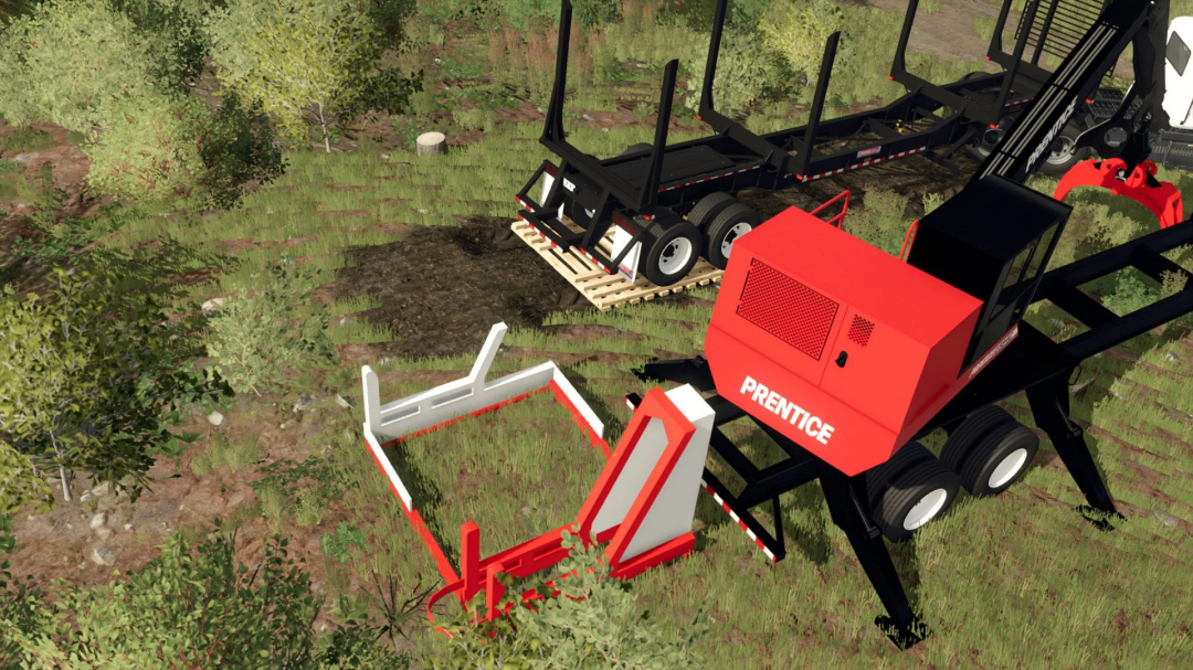 FS25 mods scene with a red forestry machine and a wooden ground mat in a forest setting. Farming Simulator 25 mod Wooden Ground Mat v1.0.0.0.