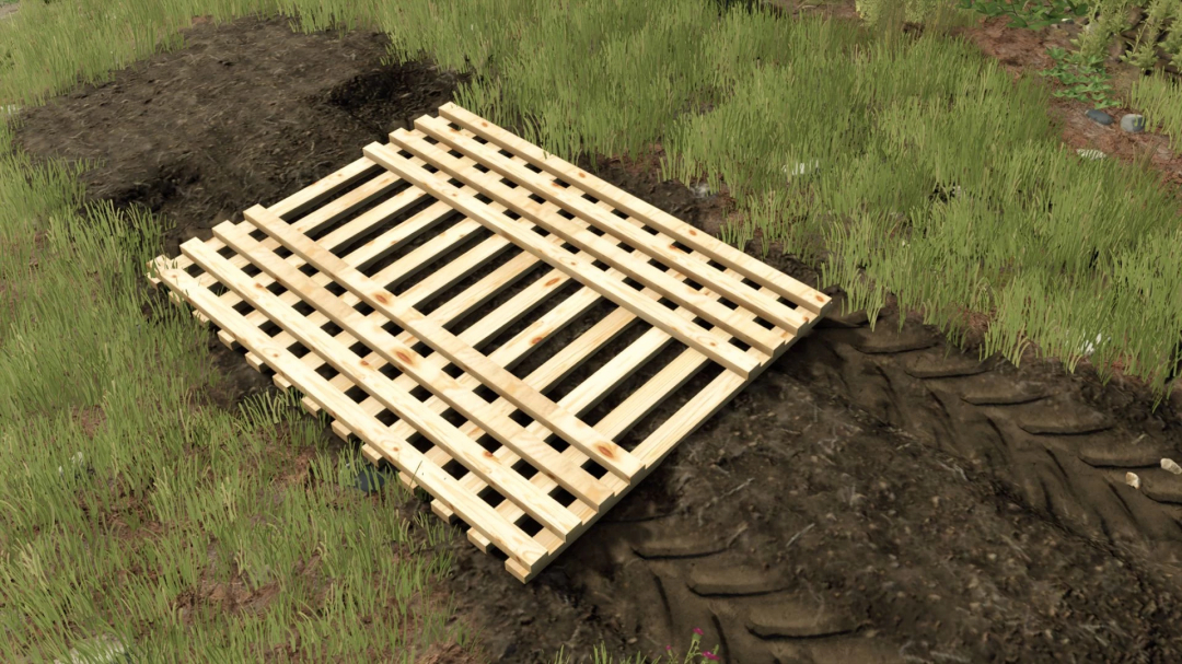 Wooden Ground Mat mod for Farming Simulator 25 displayed on grassy terrain. FS25 mods enhance gameplay experience.