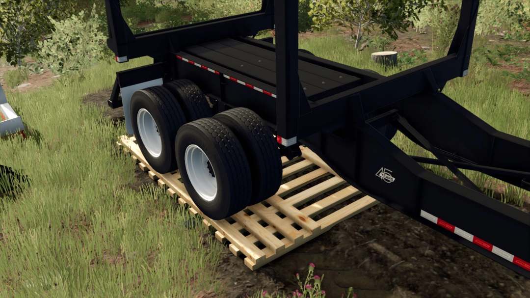 Trailer wheels on wooden ground mat in FS25 mod Wooden Ground Mat v1.0.0.0, Farming Simulator 25 mods.