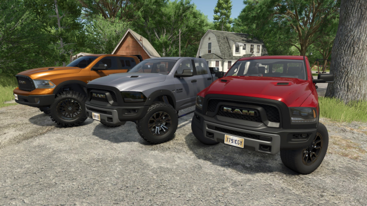 fs25-mods,  FS25 mod featuring three 2016 Dodge Ram Rebel 1500 trucks in different colors parked on a gravel driveway.