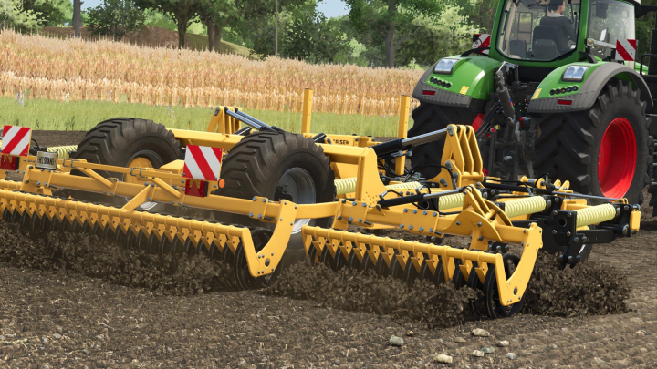 fs25-mods,  FS25 mod Agrisem Cultiplow Platinum in use, plowing a field with a tractor in Farming Simulator 25.