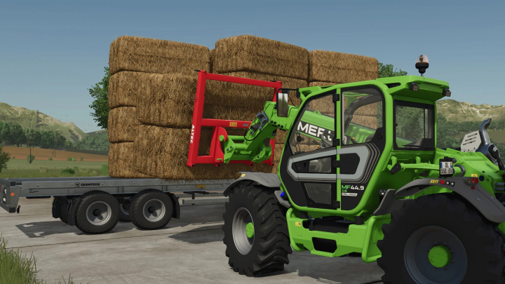 fs25-mods,  FS25 Altec M 20 D mod featuring a green loader stacking hay bales on a trailer.