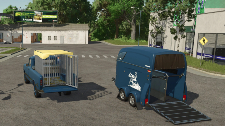 fs25-mods,  FS25 mods Animal Transports v1.0.0.0 showing two animal trailers parked near buildings and trees.