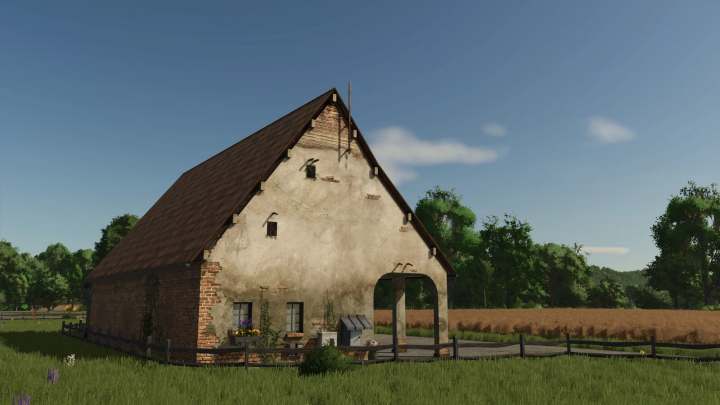 fs25-mods,  Attic mod v1.0.0.0 for FS25 featuring a rustic barn with a sloped roof in a grassy field.