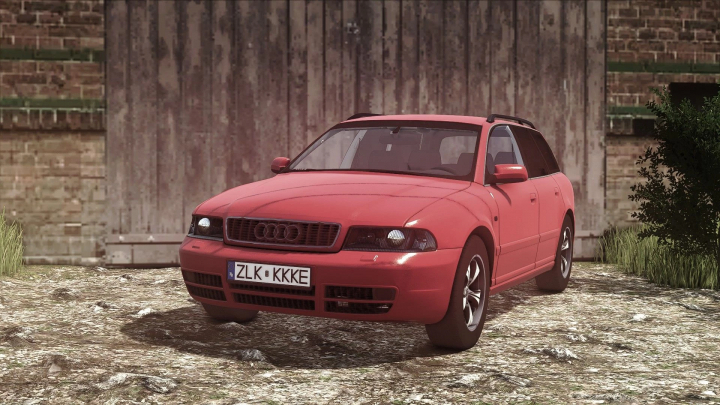 fs25-mods,  Audi A4 B5 mod for FS25 parked in front of a rustic barn, showcasing detailed textures.