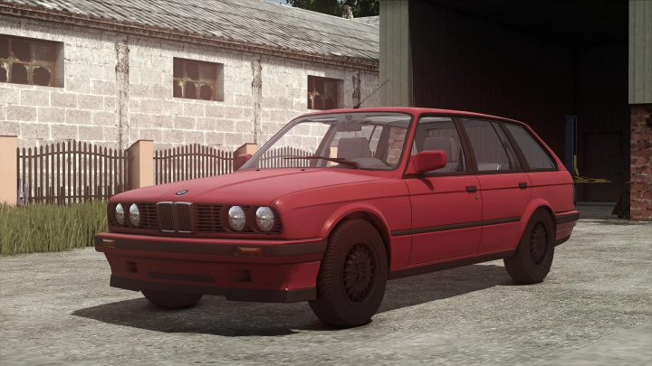 fs25-mods,  Red BMW E30 Touring mod for Farming Simulator 25, showcasing detailed car design. FS25 mods enhance gameplay.